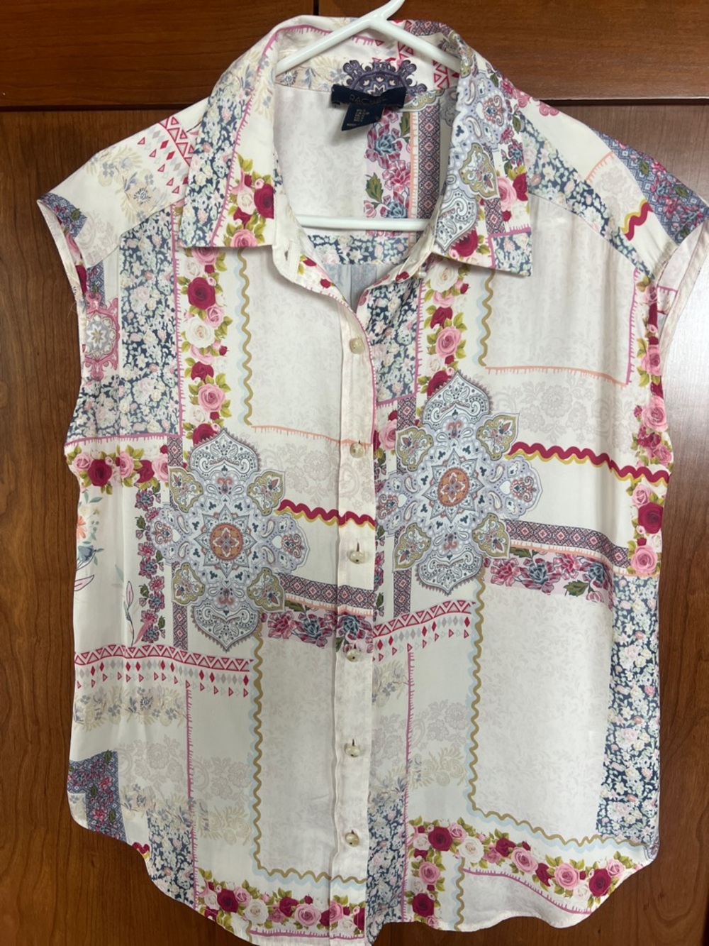 RACHEL Rachel Roy Cream Floral Patchwork Button Front Top
